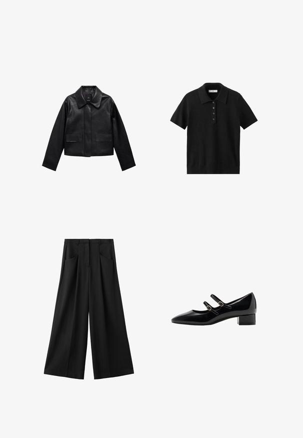 Sort cropped læderjakke med krave, frontlukning med knapper og to store flaplommer. Glat tekstur og struktureret form.; Sort kortærmet polo-shirt med fire knapper foran og klassisk krave, vist på hvid baggrund.; Sorte vidde bukser med forlommer, bæltestropper og skjult lukning foran, vist mod en hvid baggrund.; Sorte Mary Jane-sko i laklæder med spids tå, to justerbare remme med guldbukler og lav blokhæl.