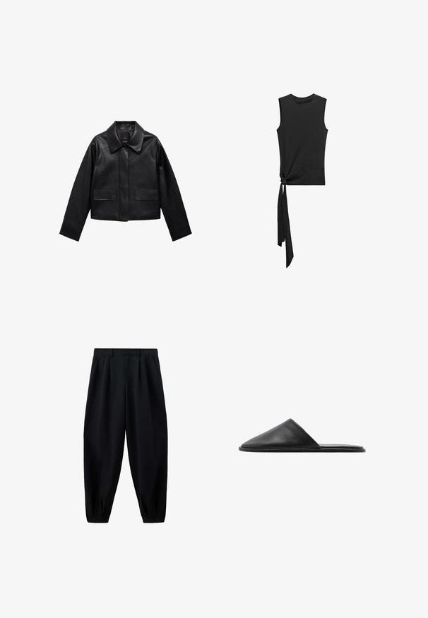 Sort cropped læderjakke med krave, frontlukning med knapper og to store flaplommer. Glat tekstur og struktureret form.; Mango Top - black; Sorte højtaljede bukser med smalle ben, folder ved taljen og ved manchetterne samt sidelommer, vist på en hvid baggrund.; Sorte læder slidesandaler med spids tå og minimalistisk design. Glat tekstur med flad sål og ingen synlig hardware.