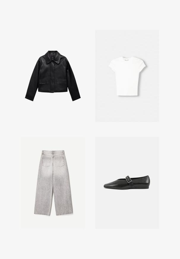 Sort cropped læderjakke med krave, frontlukning med knapper og to store flaplommer. Glat tekstur og struktureret form.; Hvid kortærmet t-shirt lavet af blød bomuld, med rund halsudskæring og en tætsiddende form. Ingen synlige mønstre eller udsmykninger.; Lysegrå viddebukser med høj talje og to baglommer, vist bagfra på en ensartet hvid baggrund.; Sorte læder flade sko med spidse tæer, prydet med en metallisk spænde over vristen og en lav, fleksibel sål.