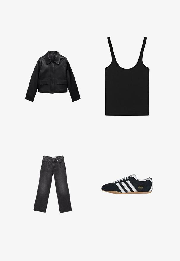 Sort cropped læderjakke med krave, frontlukning med knapper og to store flaplommer. Glat tekstur og struktureret form.; Sort ærmeløs tanktop med tynde stropper og rund halsudskæring, lagt fladt på en hvid baggrund.; Sorte denimjeans med brede ben, for- og baglommer, knaplukning og bæltestropper, lagt fladt på en hvid baggrund.; Sort ruskinds sneaker med hvide tre striber, guldlogo og en brun gummisål. Har et lavprofil snørebåndsdesign.