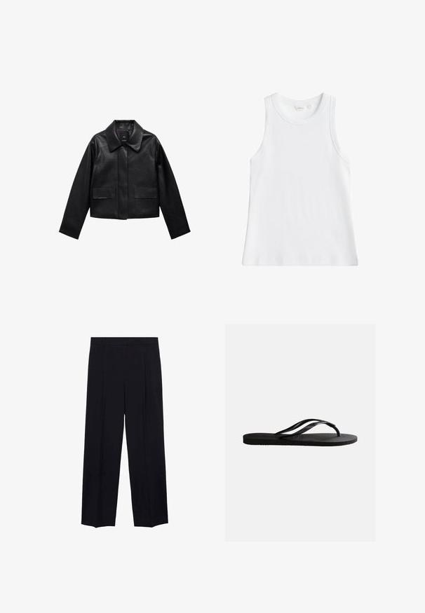 Sort cropped læderjakke med krave, frontlukning med knapper og to store flaplommer. Glat tekstur og struktureret form.; Hvid ribbet ærmeløs tanktop med rund halsudskæring, størrelse small, vist på ensfarvet baggrund.; Sorte vidde bukser med glat stof, to frontfolder, en talje og en lige pasform uden synlige pynt.; Sort gummiflip-flop sandal med tekstureret fodseng og tynde Y-formede remme på en ensartet hvid baggrund.