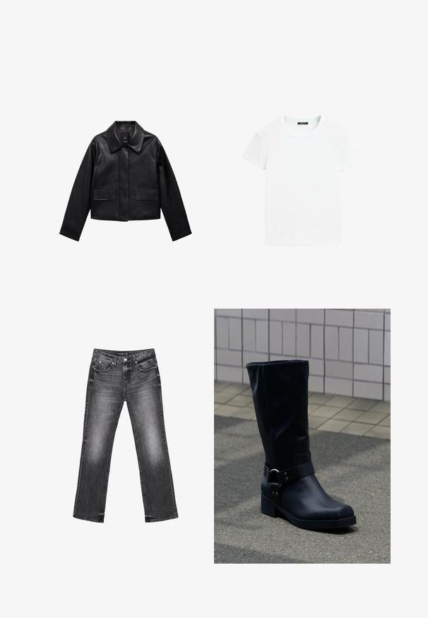 Sort cropped læderjakke med krave, frontlukning med knapper og to store flaplommer. Glat tekstur og struktureret form.; Hvid t-shirt med korte ærmer og rund halsudskæring, lagt fladt på en hvid baggrund.; Sorte denim jeans med lige ben, falmet tekstur og fem lommer. Har bæltestropper og lynlås.; Sort læderstøvle midt på læggen med lav blokhæle og en dekorativ rem med metal spænde rundt om anklen, på en flisebelagt fortov.