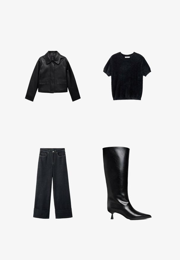 Sort cropped læderjakke med krave, frontlukning med knapper og to store flaplommer. Glat tekstur og struktureret form.; Sort kortermet sweater lavet af blødt, fuzzystof. Har en rund halsudskæring og en afslappet pasform med en let cropped kant.; Vidbenede mørke blå jeans i denim med opbukket kant, forlommer og kontrastsyning. Fremstillet af robust denimstof for holdbarhed.; Sort læderknæhøje støvler med spidse tæer, slank silhuet og en lav blokhæl med en blank finish.