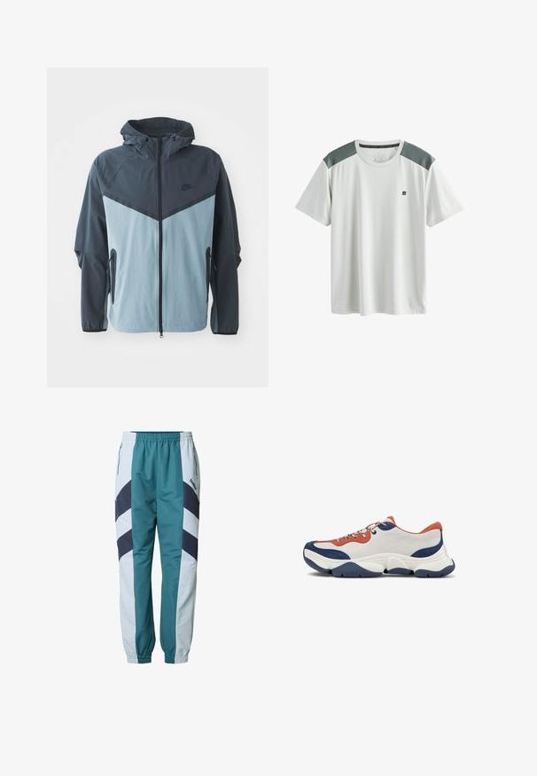 Windbreaker-Jacke mit Kapuze, vorderem Reißverschluss, dunkelblauem und hellblauem Blockdesign sowie seitlichen Reißverschlusstaschen.; Weißes kurzärmeliges Sport-T-Shirt mit grauen Mesh-Schultereinsätzen und kleinem schwarzem Logo auf der linken Brustseite.; Grünblaue und hellgraue Trainingshose mit Chevron-Mustern, elastischem Bund, Seitentaschen und gerippten Bündchen an den Knöcheln.; Sneaker mit einem Obermaterial aus weißem Leder, orangefarbenen und marineblauen Akzenten, mehrfarbigen Schnürsenkeln und einer dicken Gummisohle in Marineblau mit strukturierten Rillen.
