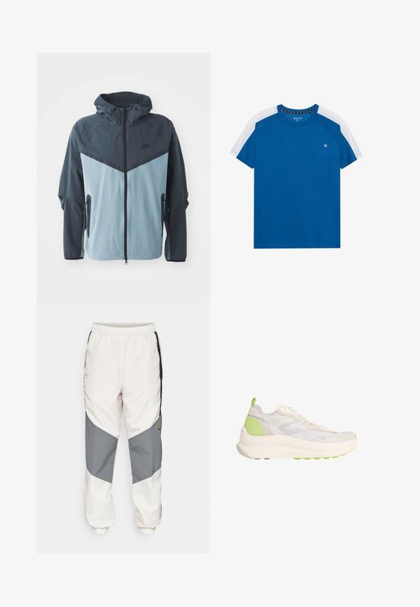 Vindjakke med hætte, frontlynlås, mørkeblå og lyseblå farveblokdesign samt sidelommer med lynlås.; Blå bomulds T-shirt med hvide raglanærmer, rund halsudskæring og et lille logo på venstre bryst. Glat tekstur, afslappet design.; Nike Sportswear AIR - Træningsbukser - orewood/iron grey/black; Lyse beige og grøn atletiksneaker med chunky sål, mesh overdel, trækflap ved hælen og diskret branding på tåområdet.