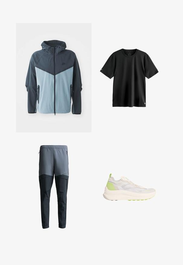 Vindjakke med hætte, frontlynlås, mørkeblå og lyseblå farveblokdesign samt sidelommer med lynlås.; Sort T-shirt med korte ærmer lavet af letvægtsstof, med rund halsudskæring og et lille logo-accent nær kanten. Glat tekstur.; Tofarvede grå og sorte atletiske bukser med elastisk talje og lynlåslommer i siden.; Lyse beige og grøn atletiksneaker med chunky sål, mesh overdel, trækflap ved hælen og diskret branding på tåområdet.