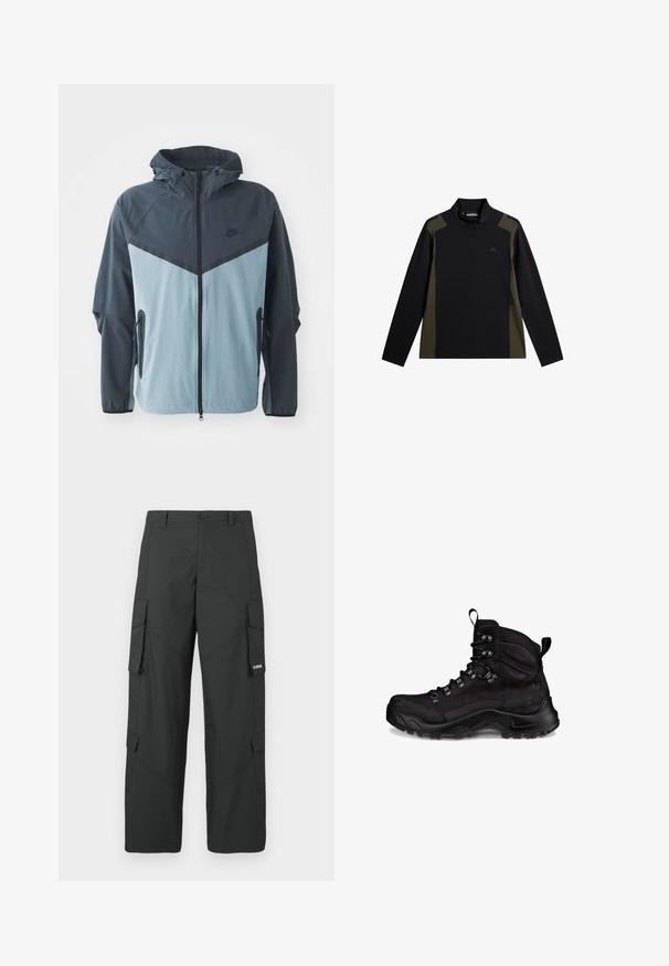 Windbreaker-Jacke mit Kapuze, vorderem Reißverschluss, dunkelblauem und hellblauem Blockdesign sowie seitlichen Reißverschlusstaschen.; Langärmliger Pullover in Schwarz und Olivgrün mit einem kurzen Frontreißverschluss und kleinem Logo auf der Brust.; Schwarze gerade Cargo-Hosen mit seitlichen Klappentaschen, Druckknopfverschluss, Gürtelschlaufen und kleinem weißen Logo auf der Klappentasche rechts.; Schwarzer Wanderschuh mit robustem Design, aus Textil- und Gummimaterialien, sechs Ösen und einer strukturierten Sohle für besseren Halt.