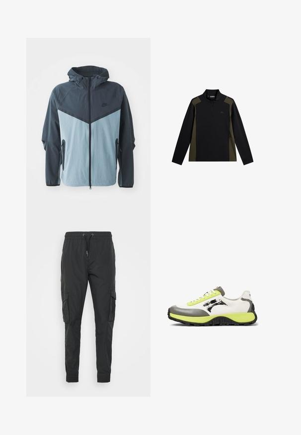 Windbreaker-Jacke mit Kapuze, vorderem Reißverschluss, dunkelblauem und hellblauem Blockdesign sowie seitlichen Reißverschlusstaschen.; Langärmliger Pullover in Schwarz und Olivgrün mit einem kurzen Frontreißverschluss und kleinem Logo auf der Brust.; Schwarze Cargo-Hosen aus leichtem Stoff, mit einem verstellbaren Kordelzugbund, elastischen Bündchen und zwei Seitentaschen.; Die Sneakers verfügen über ein weißes Obermaterial aus Canvas, graue Gummielemente, neongrüne Schnürsenkel, ein auffälliges Logo und eine strukturierte schwarze Sohle für besseren Grip.