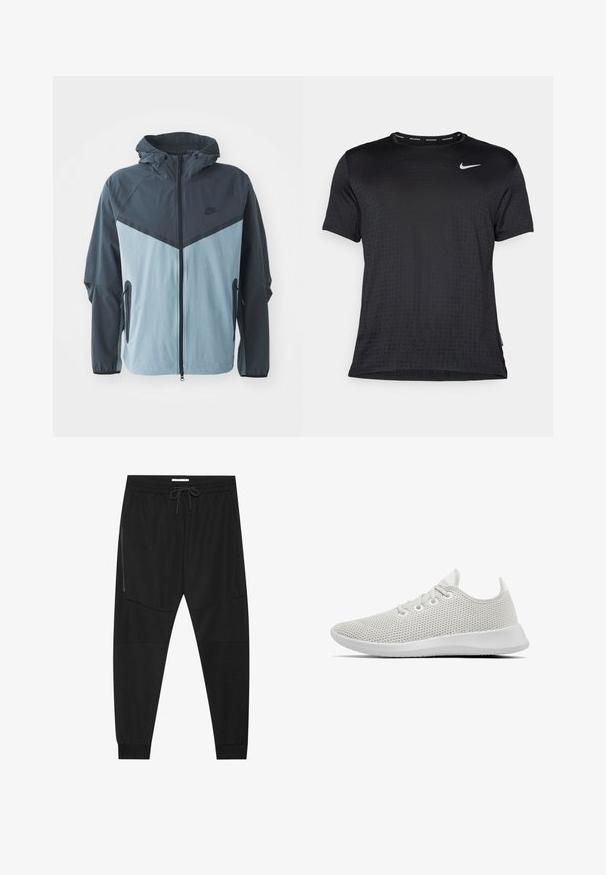 Windbreaker-Jacke mit Kapuze, vorderem Reißverschluss, dunkelblauem und hellblauem Blockdesign sowie seitlichen Reißverschlusstaschen.; Schwarzes sportliches Kurzarmshirt mit rundem Ausschnitt, atmungsaktivem Stoff, dezentem erhabenen Punktmuster und kleinem weißem Nike-Logo auf der Brust.; Schwarze Sporthosen aus strukturiertem Stoff, mit verstellbarem Bund, seitlicher Reißverschlusstasche und schmal zulaufenden Bündchen.; Allbirds TREE RUNNERS - Sneaker low - kaikoura white /white sole