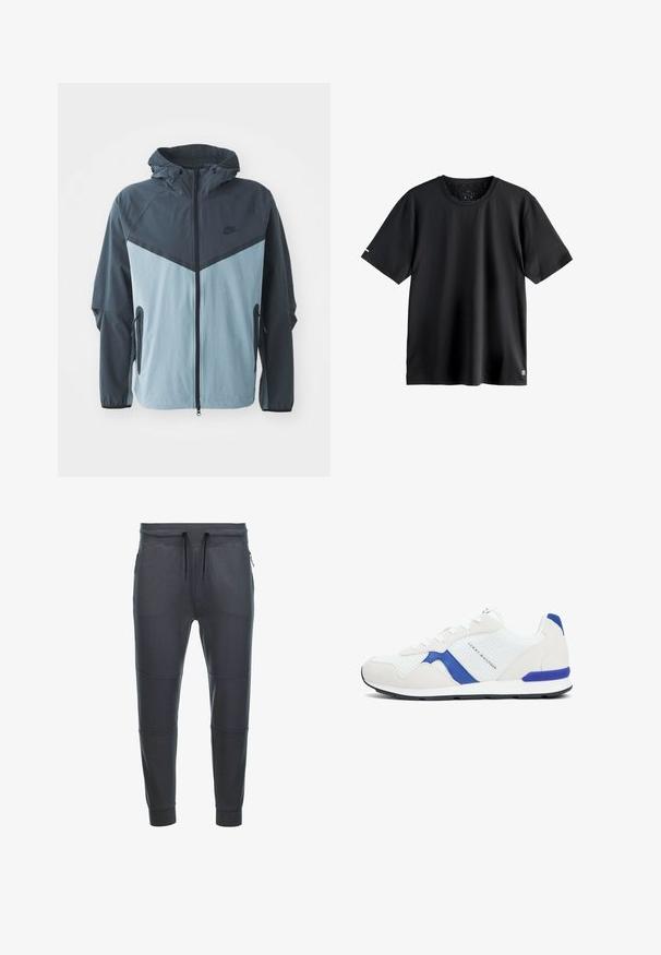 Vindjakke med hætte, frontlynlås, mørkeblå og lyseblå farveblokdesign samt sidelommer med lynlås.; Enkel sort kortærmet sportst-shirt med rund halsudskæring, medium størrelse mærkat indeni halsudskæringen, og lille logo nederst til venstre.; Mørkegrå sweatpants lavet af blødt stof, med en snoretræk i taljen, to lynlåslommer på siden og paneldetaljer på benene.; Hvid og blå lavtop-sneaker med mesh- og ruskindsdetaljer, sort sål og "Tommy Hilfiger"-logo på siden og hælen.
