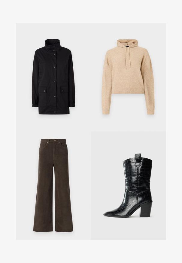 Sort, mellemlang jakke med høj krave, elastiske manchetter, frontlukning med knapper og to sidelommer. Glat, vandafvisende stof.; Beige cropped striktrøje med lange ærmer og snorhætte, præsenteret på en hvid baggrund.; Mørkebrune bredbenede corduroybukser med frontlommer, bæltestropper og en knaplukning i taljen.; Sort westernstøvle til midten af lægen med spids tå, blokhæle og blank lædertekstur med krokodillepræg mod hvid baggrund.