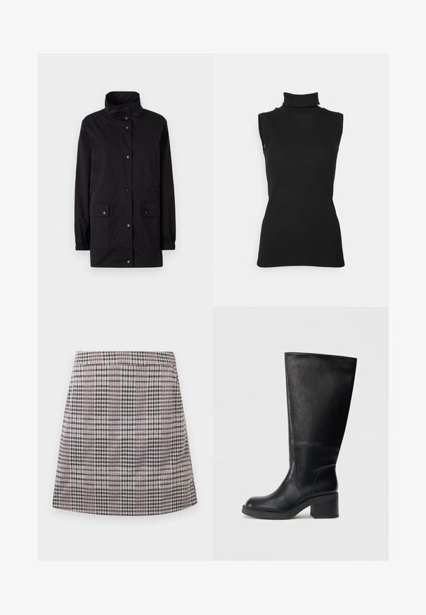 Sort, mellemlang jakke med høj krave, elastiske manchetter, frontlukning med knapper og to sidelommer. Glat, vandafvisende stof.; Sort ærmeløs turtleneck top lavet af ribbet stof, med høj hals og tætsiddende silhuet. Glat tekstur med minimal detaljering.; Rutet mini-skørt i nuancer af lilla, sort og hvid, med elastisk talje og lige skæring samt en glat overflade.; Sorte læderknæhøje støvler med rund tå, blokhæl og struktureret overflade. Enkel design, forstærkede sømme, ingen synlig hardware.