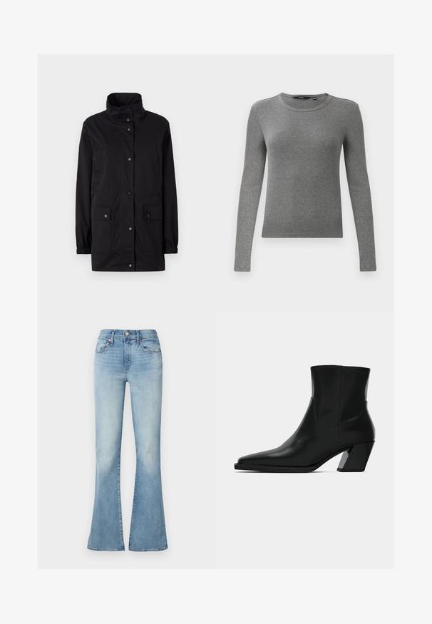 Chaqueta negra de longitud media con un alto cuello, puños elásticos, cierre frontal de botones y dos bolsillos laterales de parche. Tela suave y resistente al agua.; Suéter de manga larga gris de canalé con escote redondo y forma ajustada. La textura parece suave y elástica, adecuada para llevar en capas.; Vaqueros acampanados de mezclilla azul claro con cierre frontal de botón y cremallera, bolsillos frontales y traseros, y un sutil desgaste en los muslos.; Bota de tobillo de cuero negro con punta afilada, una silueta elegante y un tacón cuadrado grueso. Textura suave con detalles de costura mínimos.