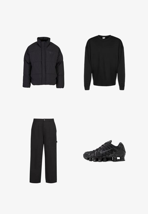 Sort polstret jakke med høj krave, quiltet design og lynlås foran. Har et diskret logo på brystet, lavet af tekstureret stof.; Sort langærmet crewneck sweatshirt med ribbede manchetter og afslappet pasform, vist mod en hvid baggrund.; Sorte bomuldsbukser med afslappet pasform, der har to frontlommer, en lynlås foran og en synlig knap foran. Glat tekstur, lige ben-design.; Sorte atletikskoser lavet af mesh og syntetiske materialer, med et karakteristisk bølget design, sort gummisål og reflekterende detaljer.