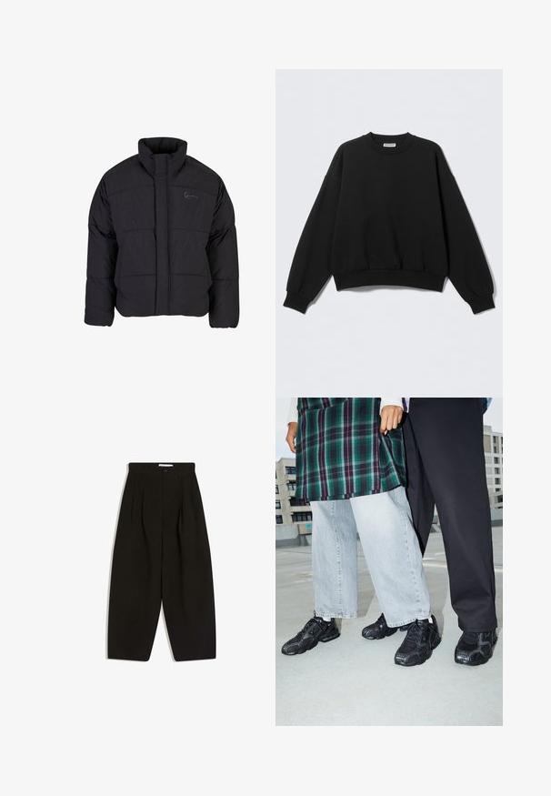 Sort polstret jakke med høj krave, quiltet design og lynlås foran. Har et diskret logo på brystet, lavet af tekstureret stof.; Sort sweatshirt med løs pasform, rund halsudskæring og lange, let puffede ærmer. Fremstillet af blødt stof med ribstrikkede manchetter og kant.; Sorte bukser med vide ben lavet af blødt stof, med plisseret front, knaplukning og sidelommer for ekstra funktionalitet.; Sorte atletik sko med mesh- og gummidetaljer. Båret med lysegrå vide jeans og en ternet grøn bluse. Flad overflade i baggrunden.