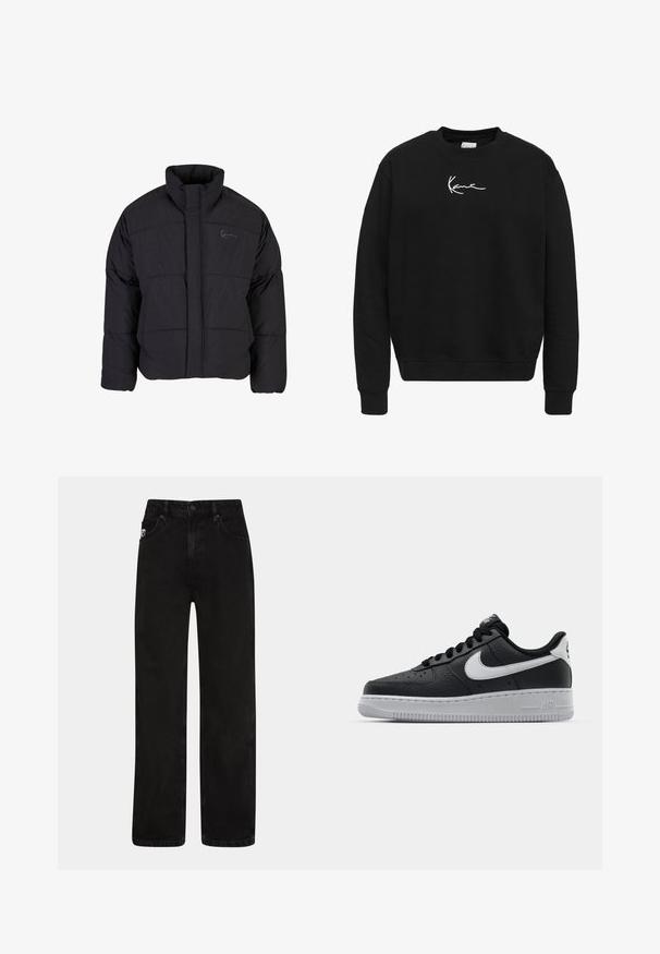 Schwarze Daunenjacke mit hohem Kragen, gestepptem Design und einem Frontreißverschluss. Sie verfügt über ein dezentes Logo auf der Brust und ist aus strukturiertem Stoff gefertigt.; Schwarzes Sweatshirt aus Baumwolle mit Rundhalsausschnitt. Verfügt über ein weißes gesticktes Logo auf der Brust sowie gerippte Bündchen und Saum.; Schwarze Denim-Jeans mit geradem Schnitt, ausgestattet mit frontalen Taschen, einem Knopfverschluss und einem dezenten Logo-Patch am Bund.; Schwarze Ledersneaker mit strukturierten Oberflächen, weißem Nike-Swoosh, grauer Sohle, runder Zehenpartie und Schnürdesign. Verfügt über Perforationen an der Zehenbox.