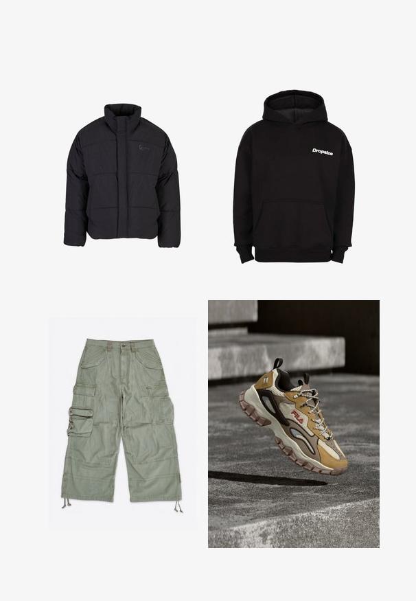 Schwarze Daunenjacke mit hohem Kragen, gestepptem Design und einem Frontreißverschluss. Sie verfügt über ein dezentes Logo auf der Brust und ist aus strukturiertem Stoff gefertigt.; Schwarzer Kapuzenpullover mit Fronttasche und weißem "Dropsize"-Logo auf der linken Brust.; Hellgrüne Cargoshorts mit mehreren Klapptaschen, Gürtelschlaufen, Knopfverschluss und verstellbaren Kordelzügen an den Beinöffnungen.; Massiver FILA-Sneaker mit beige-, braun- und dunkelbraunen Einsätzen, dicker, robuster Sohle, gemusterten Schnürsenkeln und Schlaufen, schwebt über strukturierten Betonstufen.
