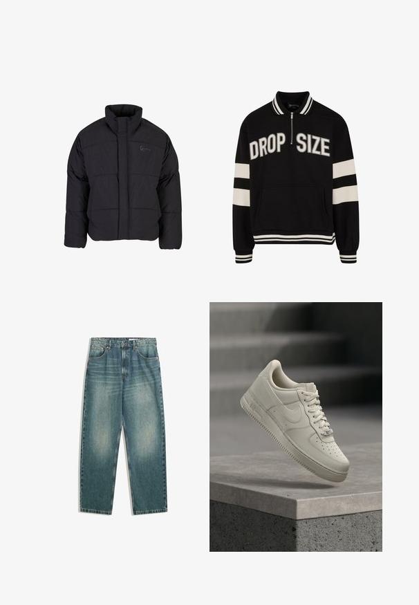 Sort polstret jakke med høj krave, quiltet design og lynlås foran. Har et diskret logo på brystet, lavet af tekstureret stof.; Sort zip-hoodie med teksten "DROP SIZE", hvide striber på ærmerne og i kanten, blødt stof og frontlomme. Stribet kravedetalje.; Lys blå denim jeans med høj talje, vide ben og subtilt slid; har fem lommer og metal knapdetaljer.; En enkelt beige sneaker med snørebånd svæver over en grå betonoverflade, Nike-swoosh synlig, sløret baggrund med trappe.