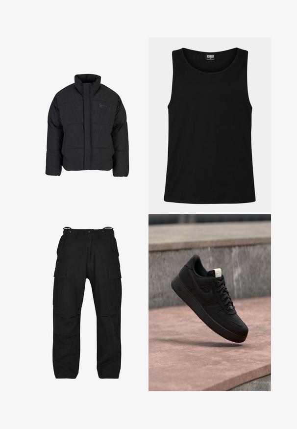 Schwarze Daunenjacke mit hohem Kragen, gestepptem Design und einem Frontreißverschluss. Sie verfügt über ein dezentes Logo auf der Brust und ist aus strukturiertem Stoff gefertigt.; Schwarzes Tanktop aus weichem Baumwollstoff. Hat einen runden Halsausschnitt und breite Armausschnitte, ohne sichtbare Muster oder Akzente.; Schwarze Cargo-Hosen aus robustem Material. Verfügt über mehrere Taschen, eine lockere Passform und einen Reißverschluss mit Knopfverschluss. Verstärkte Nähte an den Nähten.; Schwarzer Nike Air Force 1 Sneaker, der über einer rosa Betonkante mit grauem Stein-Hintergrund schwebt und Seiten- sowie Oberseiten-Details zeigt.