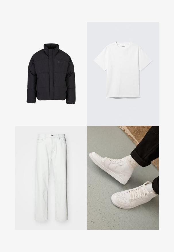 Sort polstret jakke med høj krave, quiltet design og lynlås foran. Har et diskret logo på brystet, lavet af tekstureret stof.; Hvid kortærmet crewneck T-shirt lagt fladt ud, ensfarvet design, med "WEEKDAY" mærkat inde i kraven på en lys baggrund.; Hvide denimbukser med lige pasform, fem-lomme design, knaplukning og subtile syninger. Glat tekstur og minimalistisk stil.; Hvide høj-top sneakers lavet af glat læder med perforeret tå, snørelukning og subtil logo detaljer på siden. Tekstureret gummisål.