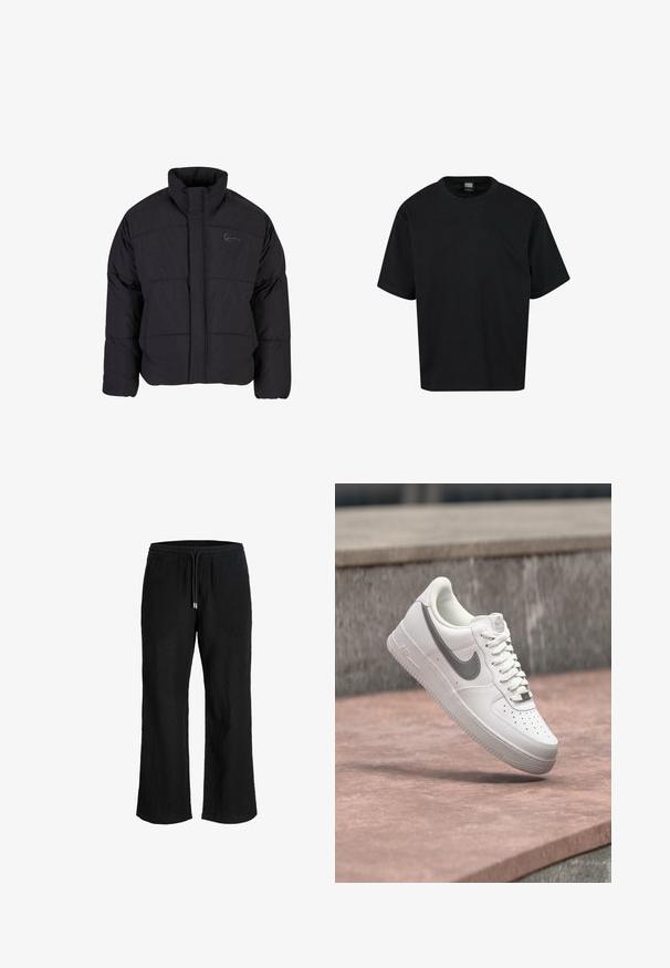 Sort polstret jakke med høj krave, quiltet design og lynlås foran. Har et diskret logo på brystet, lavet af tekstureret stof.; Sort kortærmet t-shirt lavet af bomuld, med rund halsudskæring og en afslappet pasform. Ingen mønstre eller bemærkelsesværdige accenter.; Sorte vidde bukser med elastik i taljen og snor, lavet af let tekstureret stof.; Hvid Nike Air Force 1 sneaker med gråt swoosh-logo svævende over en stensurface og en grå stenvæg i baggrunden.