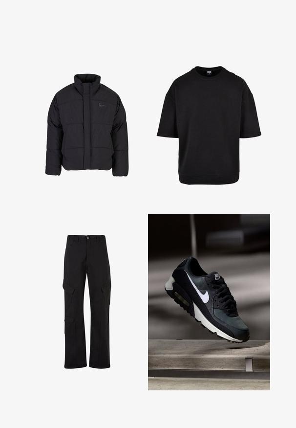 Schwarze Daunenjacke mit hohem Kragen, gestepptem Design und einem Frontreißverschluss. Sie verfügt über ein dezentes Logo auf der Brust und ist aus strukturiertem Stoff gefertigt.; Schwarzer, oversized Sweatshirt mit kurzärmeligem Schnitt, aus weichem Stoff gefertigt. Hat einen runden Halsausschnitt und einen Saum, der knapp unter der Taille sitzt.; Schwarze Baumwoll-Cargo-Hosen mit geradem Bein, ausgestattet mit mehreren Seitentaschen und einem Knopfverschluss auf der Taille.; Schwarzer und grauer Nike Air Max Sneaker mit weißem Swoosh, schwebend über einer Betonfläche vor einem verschwommenen dunklen Hintergrund.