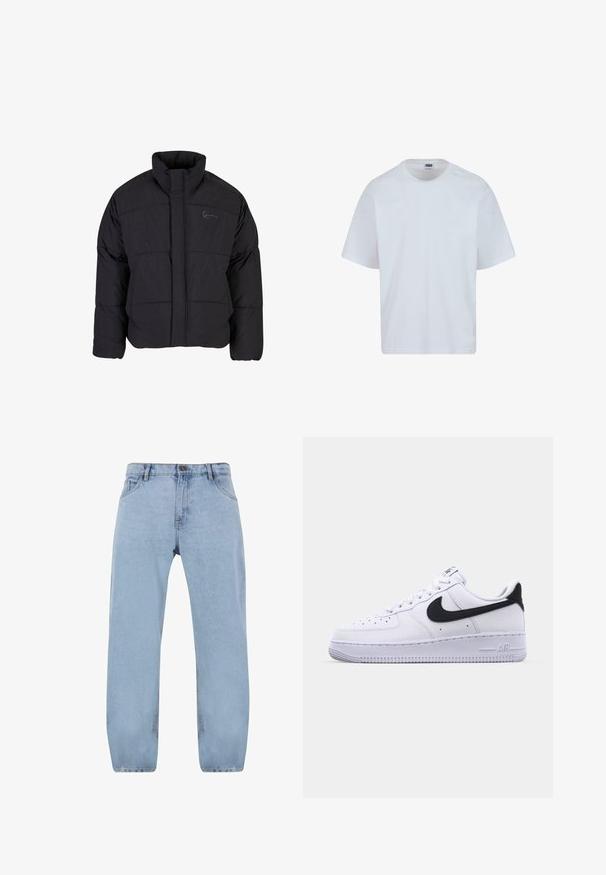 Sort polstret jakke med høj krave, quiltet design og lynlås foran. Har et diskret logo på brystet, lavet af tekstureret stof.; Hvid bomulds T-shirt med rund halsudskæring, korte ærmer og lige snit. Har subtile syningsdetaljer på skuldrene.; Lys blå denimjeans med et lige ben-design, der har fire lommer, en lynlås og detaljer i gul syning.; Hvide lædersneakers med en struktureret sort Swoosh, flade snørebånd og en gummisål med et rillemønster. "AIR" er præget på hælen.