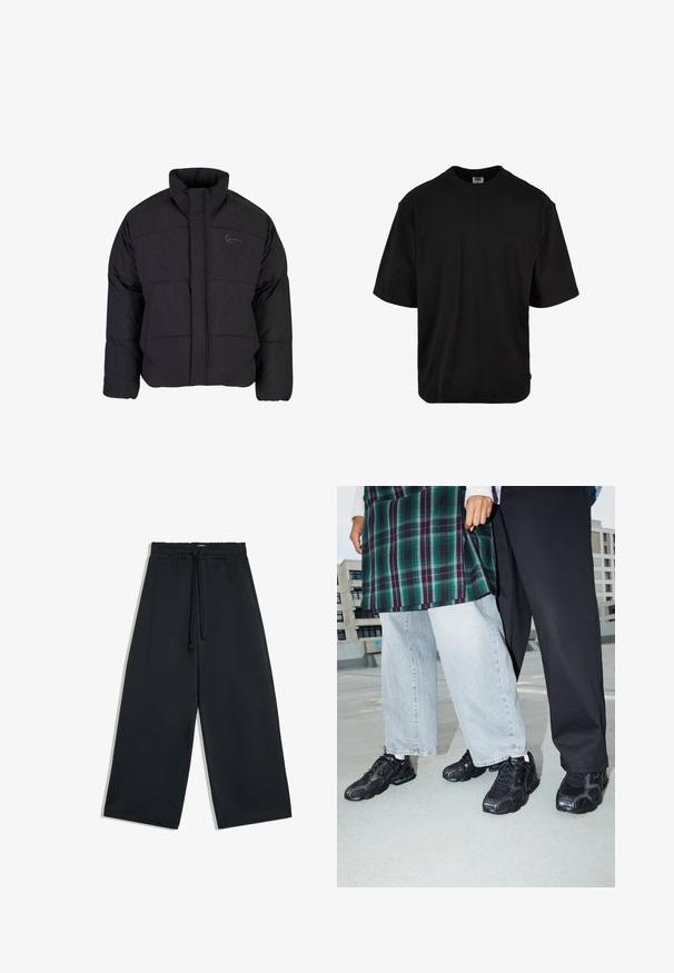 Schwarze Daunenjacke mit hohem Kragen, gestepptem Design und einem Frontreißverschluss. Sie verfügt über ein dezentes Logo auf der Brust und ist aus strukturiertem Stoff gefertigt.; Schwarzes T-Shirt mit kurzen Ärmeln aus weicher Baumwolle. Verfügt über einen Rundhalsausschnitt, eine lockere Passform und einen abgerundeten Saum für zusätzlichen Komfort.; Schwarze Hose mit weitem Bein, elastischem Bund und vorderem Kordelzug, auf weißem Hintergrund dargestellt.; Schwarze Sportschuhe mit Mesh- und Gummielementen. Kombiniert mit hellgrauen weiten Jeans und einem karierten grünen Oberteil. Flacher Hintergrund.