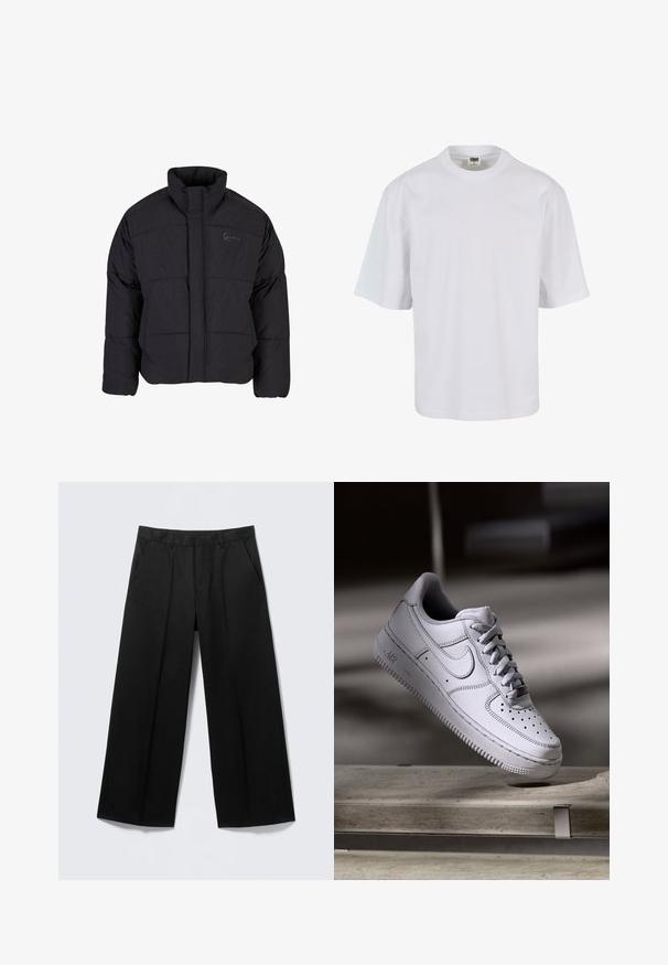 Sort polstret jakke med høj krave, quiltet design og lynlås foran. Har et diskret logo på brystet, lavet af tekstureret stof.; Hvid, kortærmet t-shirt lavet af bomuld. Har rund halsudskæring og løs pasform med en glat tekstur og ingen synlige mønstre eller grafik.; Sorte vidde-bukser med bæltestropper, forlommer og lynlås foran, vist på en lysegrå baggrund.; Hvid læder Nike Air Force 1 sneaker med perforeret tå, flade snørebånd og tekstureret gummisål med "AIR" branding på siden.