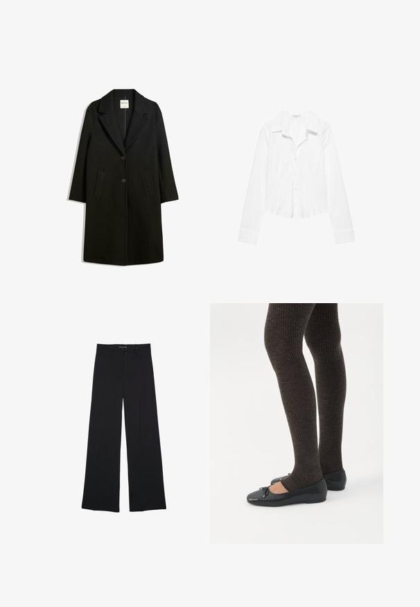 Manteau noir avec un col cranté, deux poches avant et fermeture à bouton. Fabriqué en tissu doux, présentant une silhouette droite et une longueur au genou.; Chemise blanche à manches longues avec col, taille légèrement cintrée et poignets boutonnés, présentée sur fond blanc.; Pantalon noir à jambes larges avec fermeture par bouton et zip, passants de ceinture et finition lisse et ajustée.; Jambes portant des leggings côtelés foncés associés à des ballerines noires avec de petits détails en nœud sur fond blanc.