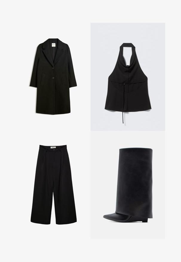 Sort frakke med reverskrave, to forlommer og knaplukning. Fremstillet af blødt stof, med en lige silhuet og knælangt design.; Sort halterneck-ærmeløs top med snøre i taljen, v-formet forreste halsudskæring og flydende nederste kant.; Sorte bukser med vide ben og høj talje, med forreste læg, to sidelommer og knaplukning. Glat stoftekstur.; Sorte læderankelstøvler med høj cylindrisk skaft, spids snude og lav flad hæl, der har en glat tekstur og et minimalistisk design.