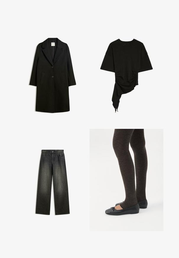 Zwarte jas met een omslagkraag, twee voorzakken en knoopsluiting. Gemaakt van zachte stof, met een rechte snit en een ontwerp tot op de knie.; Zwart kort mouw shirt met ronde hals, asymmetrische zoom, zijkant plooien en gedrapeerde stof aan één zijde.; Wijduitlopende spijkerbroek in donkergrijs denim met een vervaagde afwerking, vijf zakken en een knoopsluiting op de tailleband.; Benen met donkere geribbelde leggings gecombineerd met zwarte ballerina's met kleine strikdetails op een witte achtergrond.