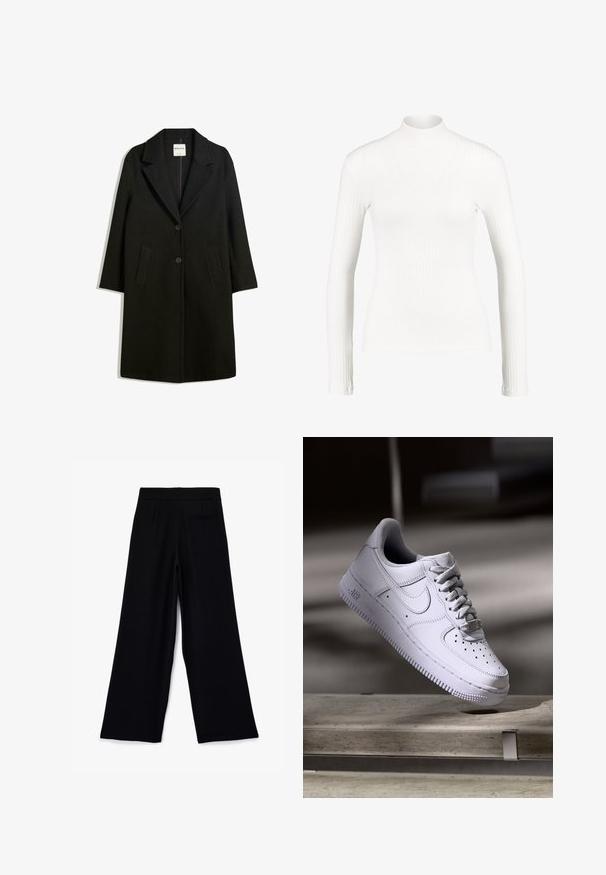 Zwarte jas met een omslagkraag, twee voorzakken en knoopsluiting. Gemaakt van zachte stof, met een rechte snit en een ontwerp tot op de knie.; EDITED MANON LONGSLEEVE - Longsleeve - offwhite; Zwarte wijde broek met een gladde textuur, een vlakke voorkant en een enkele achterzak. Ontworpen voor comfort en veelzijdigheid.; Witte Nike Air Force 1 sneaker die zweeft boven een betonnen oppervlak met schaduwen in een minimalistische setting.