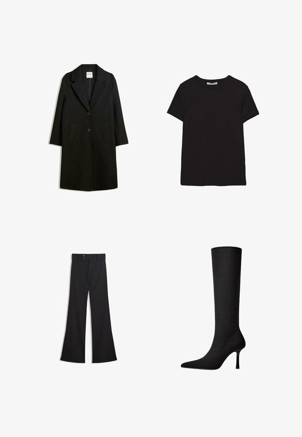 Manteau noir avec un col cranté, deux poches avant et fermeture à bouton. Fabriqué en tissu doux, présentant une silhouette droite et une longueur au genou.; T-shirt noir en coton à manches courtes avec encolure ronde, coupe standard et étiquette intérieure visible au niveau du col.; Pantalon noir taille haute à jambes larges avec une taille à double bouton et une fermeture éclair frontale, présenté à plat sur un fond blanc.; Botte noire montante en tissu lisse avec un bout pointu et un talon aiguille fin. Présente des coutures minimales et un design épuré.