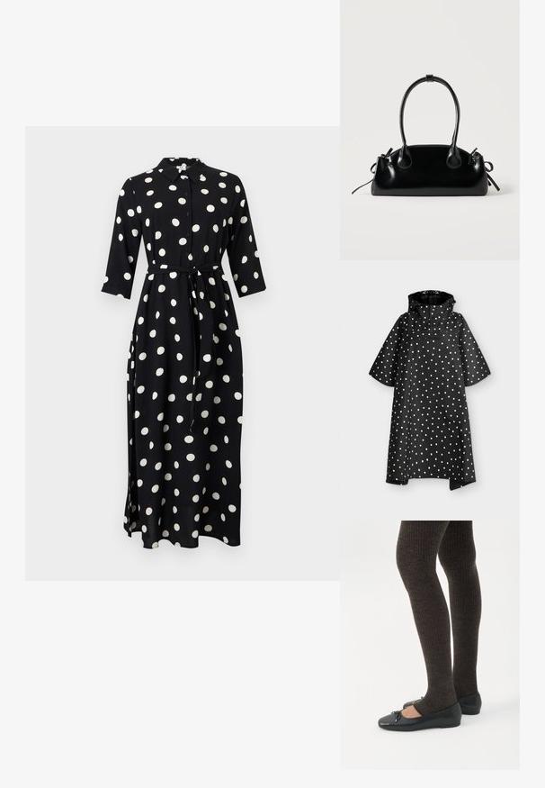 Poncho imperméable noir à pois blancs, manches larges mi-longues, capuche et rabat de poche poitrine à l'avant.; Robe chemise midi noire à pois blancs, manches trois-quarts, boutonnée devant, col et ceinture à nouer à la taille.; Jambes portant des leggings côtelés foncés associés à des ballerines noires avec de petits détails en nœud sur fond blanc.; Petit sac à main noir brillant avec deux longues anses et des détails à cordon sur les côtés sur un fond clair uni.