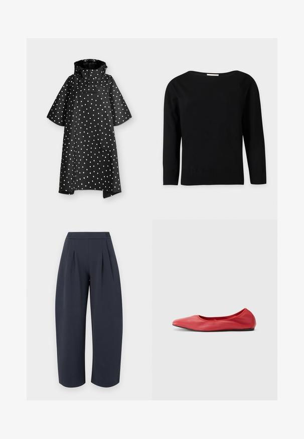 Poncho imperméable noir à pois blancs, manches larges mi-longues, capuche et rabat de poche poitrine à l'avant.; Pull noir à manches longues avec un large col rond, ourlet et poignets côtelés, présenté sur un fond uni gris clair.; Pantalon large et court couleur bleu marine foncé avec taille haute et plis à l'avant, présenté sur un fond clair uni.; Filippa K REY FLATS - Ballerines - bright red