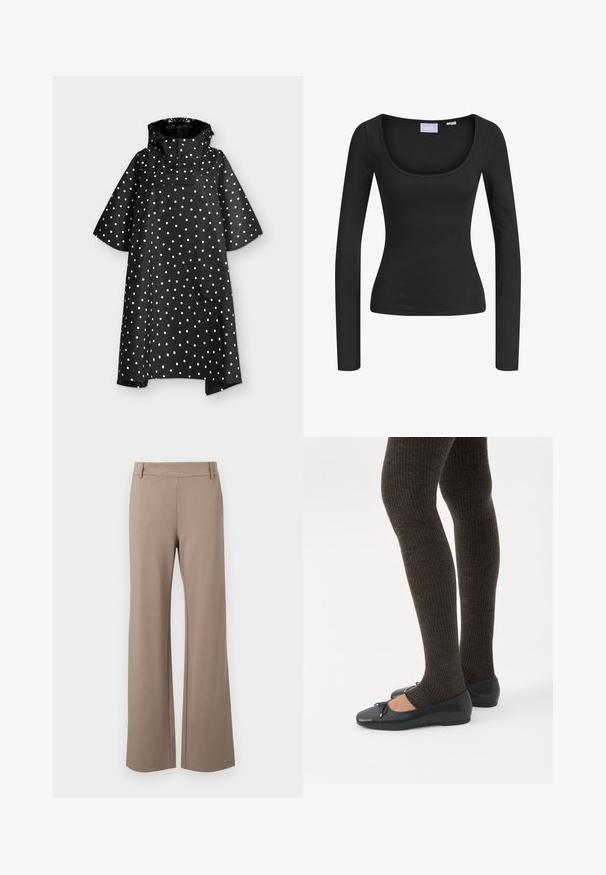Poncho imperméable noir à pois blancs, manches larges mi-longues, capuche et rabat de poche poitrine à l'avant.; Chemise noire moulante à manches longues avec encolure dégagée, en tissu extensible, taille indiquée comme petite.; Pantalons larges marron en tissu doux, avec une texture lisse, une taille plate et sans motifs ni détails matériels visibles.; Jambes portant des leggings côtelés foncés associés à des ballerines noires avec de petits détails en nœud sur fond blanc.