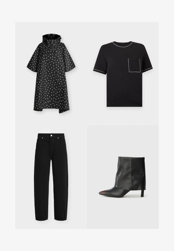 Poncho imperméable noir à pois blancs, manches larges mi-longues, capuche et rabat de poche poitrine à l'avant.; T-shirt noir à manches courtes avec des surpiqûres blanches contrastantes sur le col, les bords des manches et une poche avant sur la poitrine gauche.; Jean noir droit avec bouton avant et poches, présenté à plat sur un fond clair.; Bottine noire en cuir lisse avec un bout pointu et un talon effilé. La tige présente un design légèrement froncé.