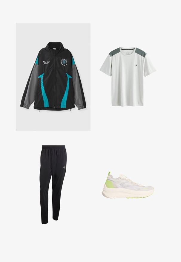 Sort jakke med teal- og grå detaljer, der har en høj krave, lynlås foran og logo-patch på brystet. Glat tekstur, sporty design.; Hvid atletisk T-shirt med korte ærmer, grå mesh skulderpaneler og lille sort logo på venstre bryst.; Sorte atletikbukser lavet af letvægtsmateriale med elastisk taljebånd og et lille præget logo på det øverste venstre benområde.; Lyse beige og grøn atletiksneaker med chunky sål, mesh overdel, trækflap ved hælen og diskret branding på tåområdet.