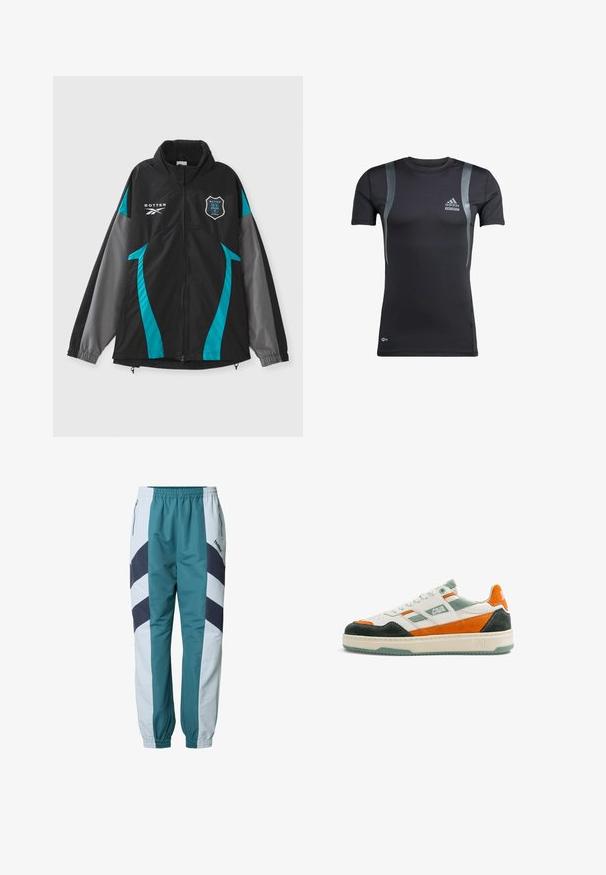 Must must vest, mille sinine ja halli aktsendiga, kõrge krae, lukuga esi- ja rinna kohal logoga. Sile tekstiil, sportlik disain.; Must värviline lühikeste varrukatega spordipoliis, millel on hallid detailid ja mis on valmistatud venivast kangast. Ees vasakul rinnal on Adidas'i logo ja Techfit bränding.; Sinakasrohelise ja helehalliga vöömustriga dressipüksid, millel on elastne vöökoht, küljetaskud ja soonikkummiga sääreotsad.; Valge toss roheliste, oranžide ja mustade seemisnahast detailidega, valgete paeltega, külje peal "CAVAL" logoga ja beežide ning rohelise mustriga tallaga.