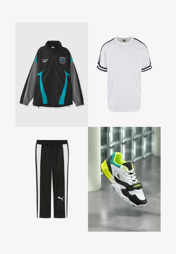 Sort jakke med teal- og grå detaljer, der har en høj krave, lynlås foran og logo-patch på brystet. Glat tekstur, sporty design.; Hvid t-shirt med korte ærmer lavet af mesh-stof med sorte detaljer langs skuldrene og tre sorte striber på ærmerne. Rund halsudskæring.; Sorte træningsbukser med hvide sidelister, elastik i taljen, lynlåslommer i siden og hvidt Puma-logo på venstre ben.; Hvide, sorte og neongrønne sportssko med en struktureret overflade, udstyret med en markant strop mærket "LACOSTE" og et logoaccent.
