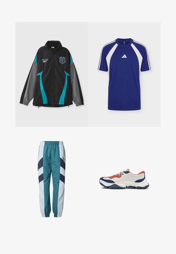 Sort jakke med teal- og grå detaljer, der har en høj krave, lynlås foran og logo-patch på brystet. Glat tekstur, sporty design.; Blå og hvid sports-T-shirt med korte ærmer, rund hals og Adidas-logo på fronten i midten.; Turkis og lysegrå træningsbukser med chevronmønstre, elastisk talje, sidelommer og ribstrikkede manchetter ved anklerne.; Sneakers med en overdel i hvid læder, orange og marineblå detaljer, flerfarvede snørebånd og en tyk marineblå gummisål med teksturerede riller.