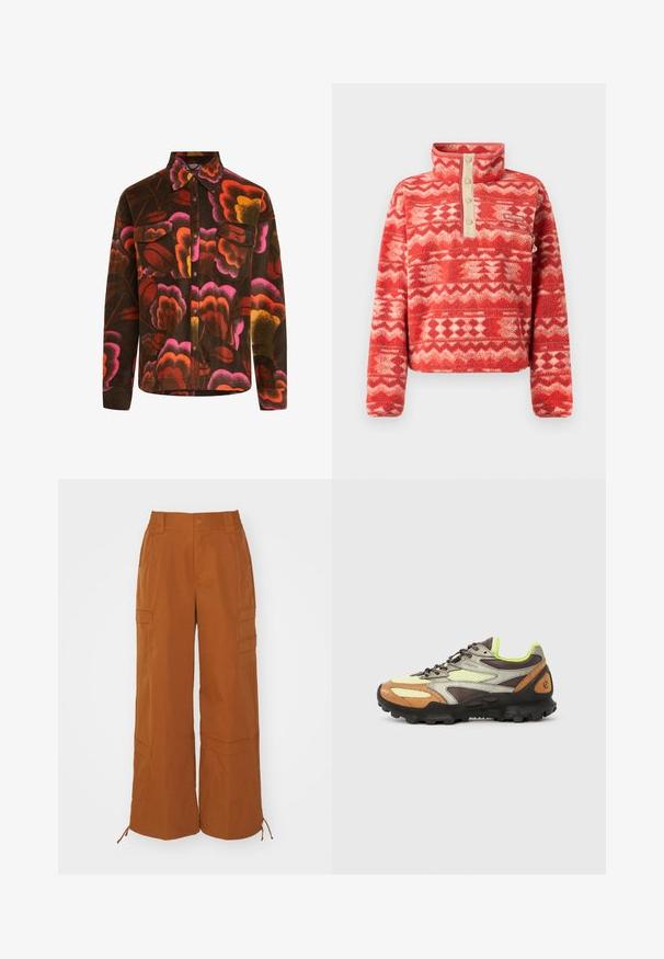 Ruskea fleece-paita, jossa on kirkas kukkakuosi pinkin, oranssin ja keltaisen sävyissä. Paita sisältää kauluksen, kaksi rintataskua ja nappikiinnityksen.; Punainen fleece-pullover korkealla kauluksella, jossa on geometrinen kuvio punaisen ja kermaan sävyissä, korostettuna beigen värisellä napillaanetulla etukappaleella ja taskulla.; Ruskeat cargo-housut rentoa istuvuutta, joissa on useita taskuja ja säädettävät lahkeet. Valmistettu kestävästä, sileästä kankaasta.; Monivärinen urheilukenkä, jossa on verkkomateriaalia olevat päälliset beigen, ruskean ja oranssin sävyissä, kirkkaan vihreä kantapää ja teksturoitu musta pohja.