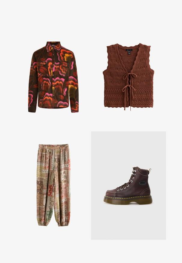 Bruine fleece shirt met een levendig bloemenpatroon in roze, oranje en geel. Heeft een gekleed kraag, twee borstzakken en knoopsluitingen.; New Look WAVE STITCHY TIE - Bodywarmer - rust; Losse broek met elastische tailleband en boorden, met een gekleurd patchworkpatroon van bloemmotieven en geometrische ontwerpen in aardetinten.; Bruine leren enkelboot met een gestructureerd oppervlak, zilveren ogen en gele stiksels. Voorzien van een stevige doorzichtige zool en een trekband.