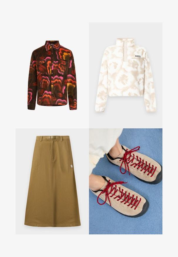 Camisa de forro marrón con un vibrante patrón floral en rosa, naranja y amarillo. Presenta un cuello tipo polo, dos bolsillos en el pecho y cierres de botones.; Sudadera de lana polar con estampado en tonos crema y beige, con cuello alto, botones a presión, bolsillo en el pecho con cremallera y parche con el logo de Columbia en el bolsillo.; Falda exterior larga y marrón claro con bolsillos frontales, cinturón integrado y logo de The North Face en el lado derecho.; Zapatos beiges con cordones rojos, colocados sobre una superficie texturizada azul, que revelan parcialmente el tobillo de una persona. Los zapatos tienen un diseño deportivo.