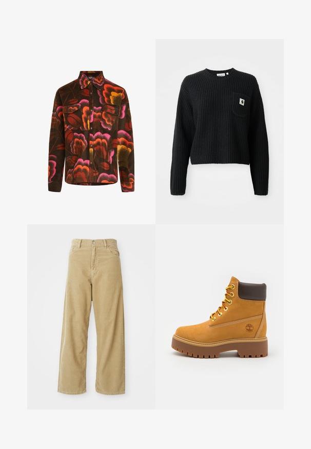 Brun fleece-skjorte med et levende blomstermønster i pink, orange og gul. Har krave, to brystlommer og knaplukninger.; Sort ribbenstrikket sweater med rund hals, lange ærmer og en frontlomme med et lille logo patch. Forkortet længde.; Beige fløjl bukser med høj talje, brede ben, forlommer og en enkelt metalknaplukning. Blød tekstur med subtile ribbede detaljer.; Tan vandtæt ankelstøvle med en robust gummisål, rund tå, brun læderkrave, gule snørebånd og et logo på siden.