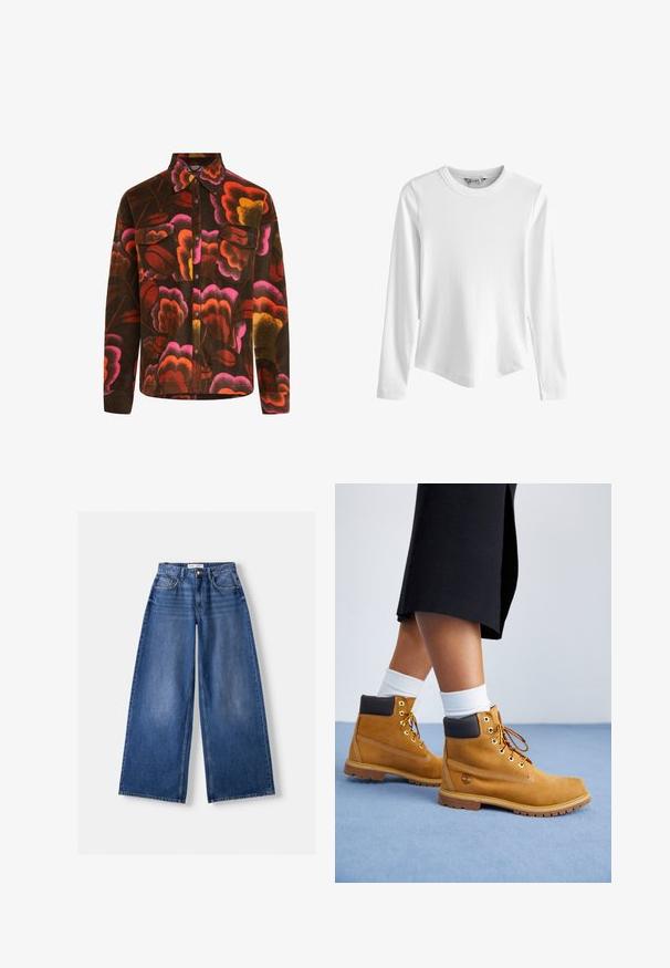 Brun fleece-skjorte med et levende blomstermønster i pink, orange og gul. Har krave, to brystlommer og knaplukninger.; Hvid langærmet ribbet top med rund halsudskæring og let buet kant, vist mod en ensfarvet hvid baggrund.; Bredbenet blå denimjeans med forlommer, bæltestropper og knaplukning, lagt fladt på en lys baggrund.; Tan ruskindsankelstøvler med brune læderdetaljer, guldøjer og en struktureret sål. Hvide sokker synlige over støvlerne.