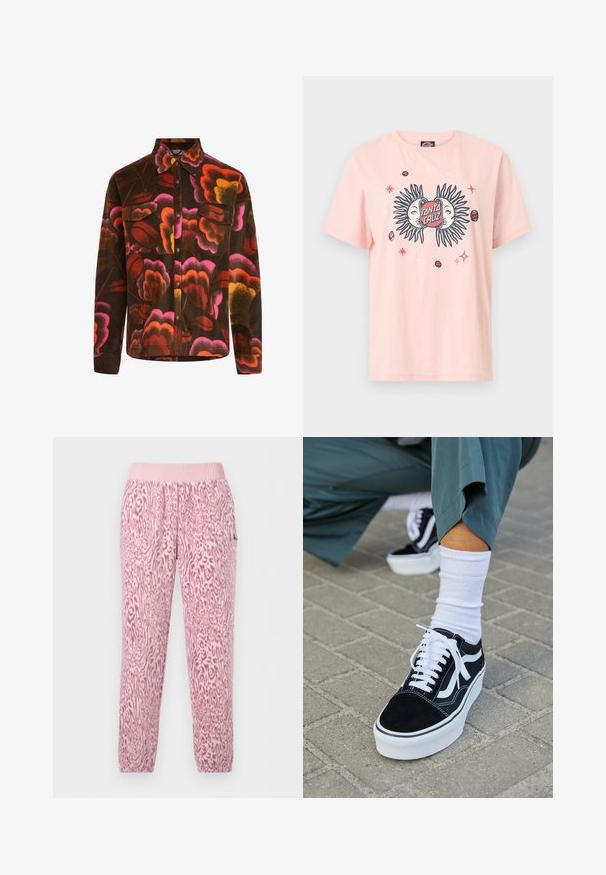 Brun fleece-skjorte med et levende blomstermønster i pink, orange og gul. Har krave, to brystlommer og knaplukninger.; Lyserød T-shirt med grafik af to sole med ansigter, der omgiver en rød oval med teksten "Santa Cruz", samt spredte små stjerner og planeter.; Bløde lyserøde fleecebukser med elastisk linning, med mønster af dyr i mørkere pink og logopatch i siden.; Sorte ruskinds sneakers med hvide accenter og snørebånd, der har en tyk hvid sål og kontrasterende syninger, parret med en hvid sok.