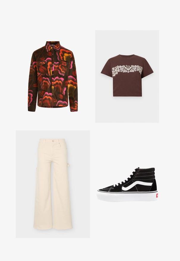 Brun fleece-skjorte med et levende blomstermønster i pink, orange og gul. Har krave, to brystlommer og knaplukninger.; Brun crop T-shirt med hvidt blomstermønster hen over brystet og "Roxy" logo i midten.; Beige bukser med vide ben med lommer foran og bagpå, bæltestropper, knaplukning og en sideløjfe detalje på en ensfarvet baggrund.; Sorte høj-top sneakers med hvide snørebånd, et hvidt logo og kontrasterende hvid syning. Har en tyk hvid sål og struktureret ruskindsoverdel.