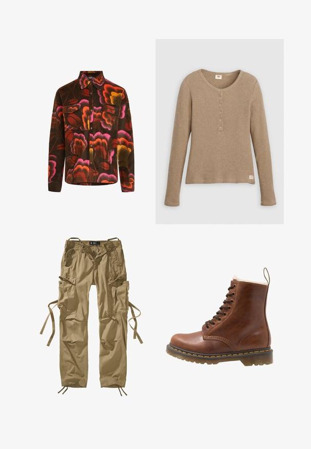 Braunes Fleece-Hemd mit lebhaftem Blumenmuster in Pink, Orange und Gelb. Mit Kragen, zwei Brusttaschen und Knopfverschlüssen.; Langärmliges beiges Waffelstrick-Henley-Shirt mit rundem Ausschnitt und fünf Knöpfen, flach liegend vor weißem Hintergrund dargestellt.; Khakifarbene Cargo-Hose aus Baumwolle mit mehreren Seitentaschen, Kordelzügen an den Knöcheln und Knopfakzenten. Klare Linien und strapazierfähiger Stoff.; Braune Lederstiefelette mit Fellfutter, runder Zehenform, Schnürverschluss und gelben Nähten entlang der Sohle. Robuste Gummisohle für besseren Grip.